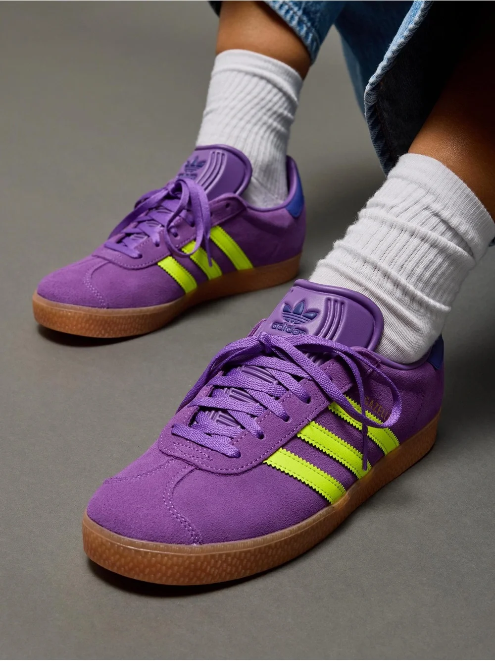 adidas Gazelle Suede Sneakers in Purple with Neon Yellow Stripes